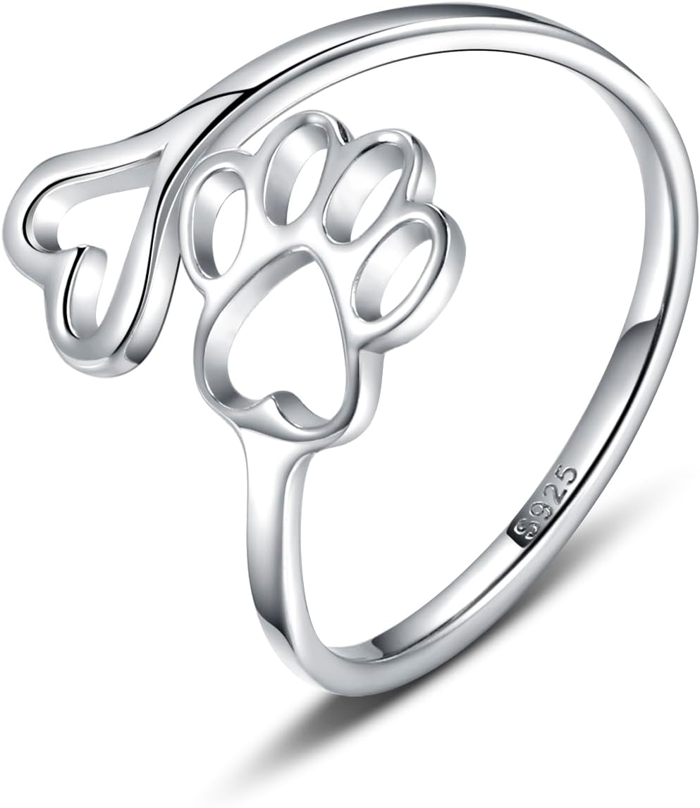 Handcrafted Paw Print Heart 925 Sterling Silver Adjustable Ring