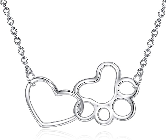 Paw Print Necklace in Sterling Silver – Heart Crystal Pendant with Dog Paw