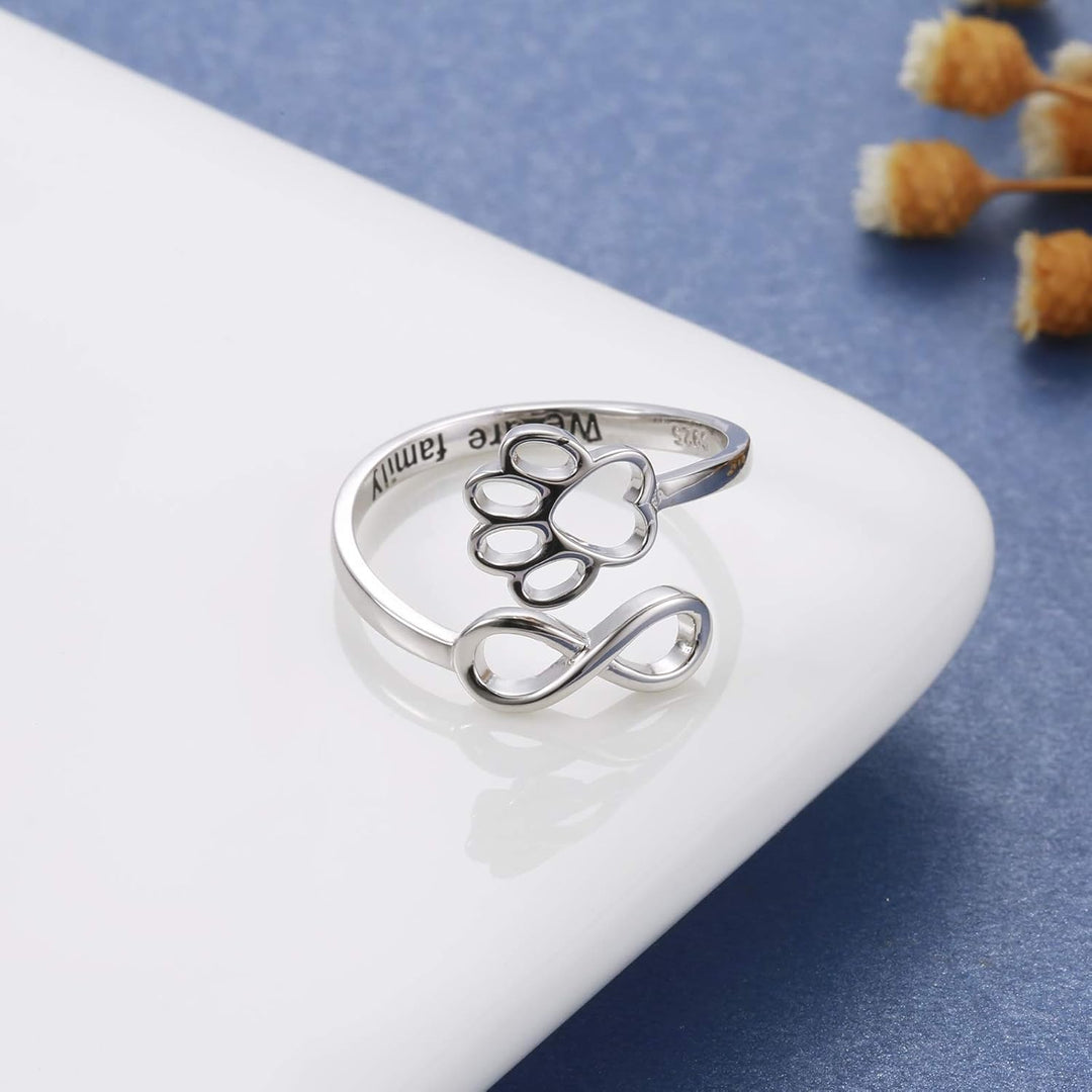 Handcrafted Paw Print Heart 925 Sterling Silver Adjustable Ring