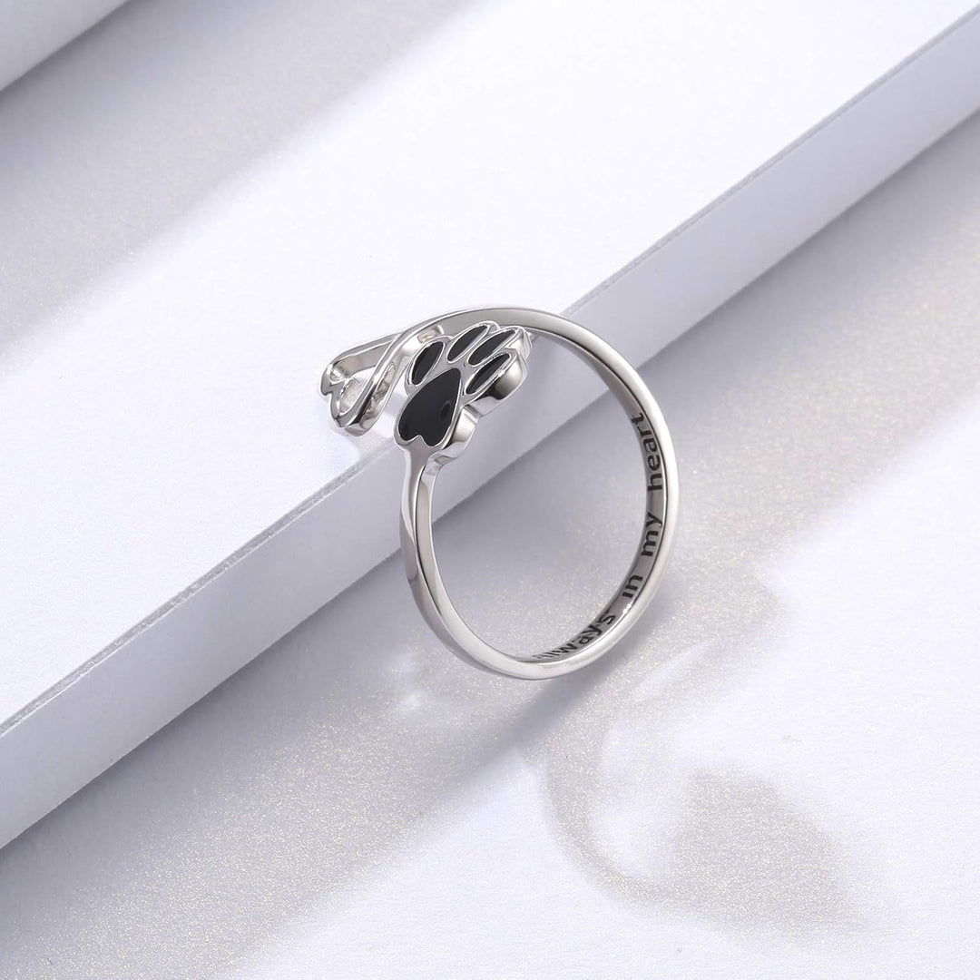 Handcrafted Paw Print Heart 925 Sterling Silver Adjustable Ring