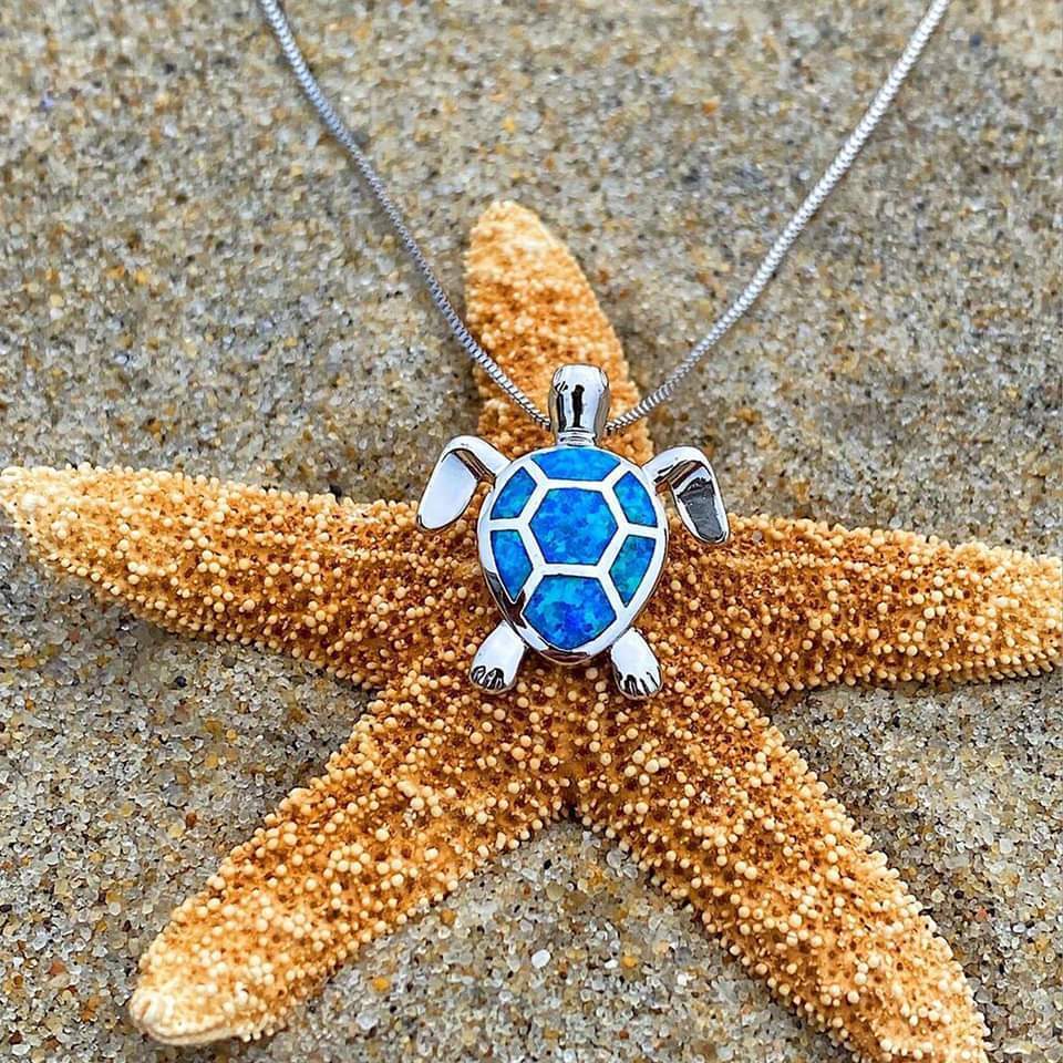 Sea Turtle Set – Silver Necklace & Earrings with Opal