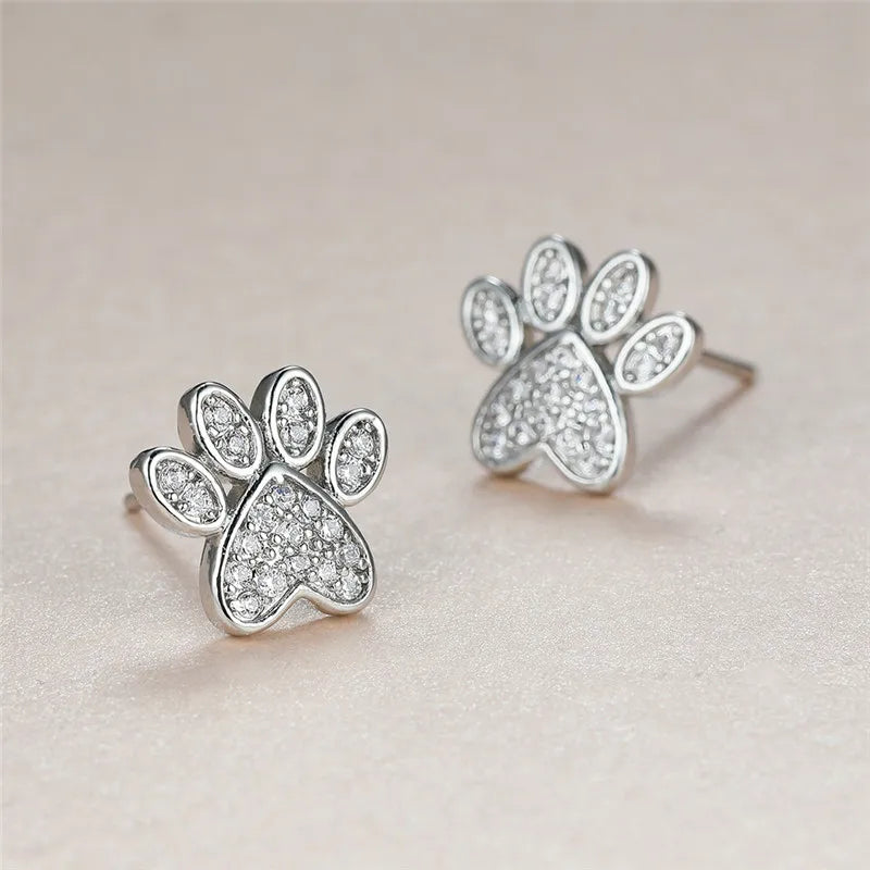 Heart-Shaped Cat Paw Stud Earrings with White Zircon