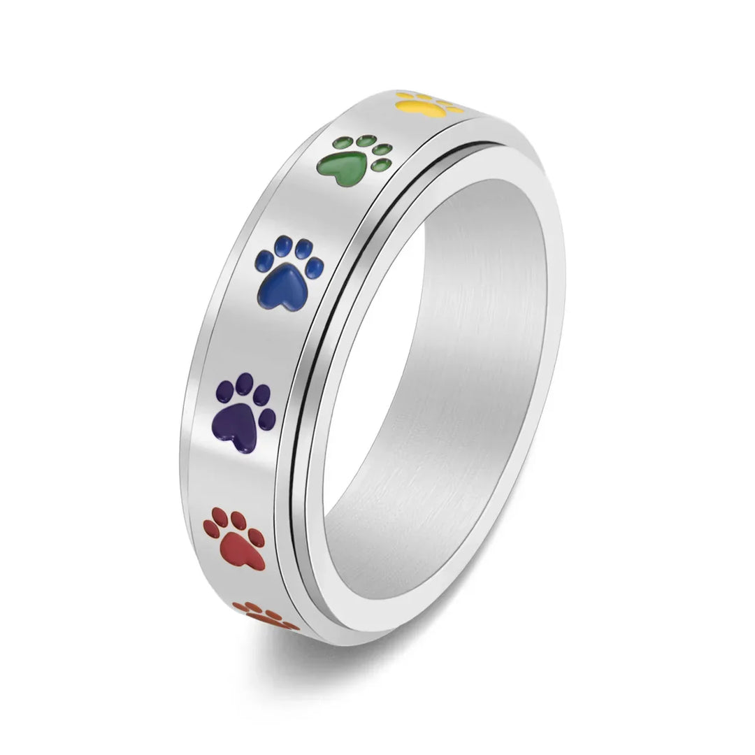 Rotatable Anti-Stress Ring with Paws – Stainless Steel Ring with Rainbow Colors