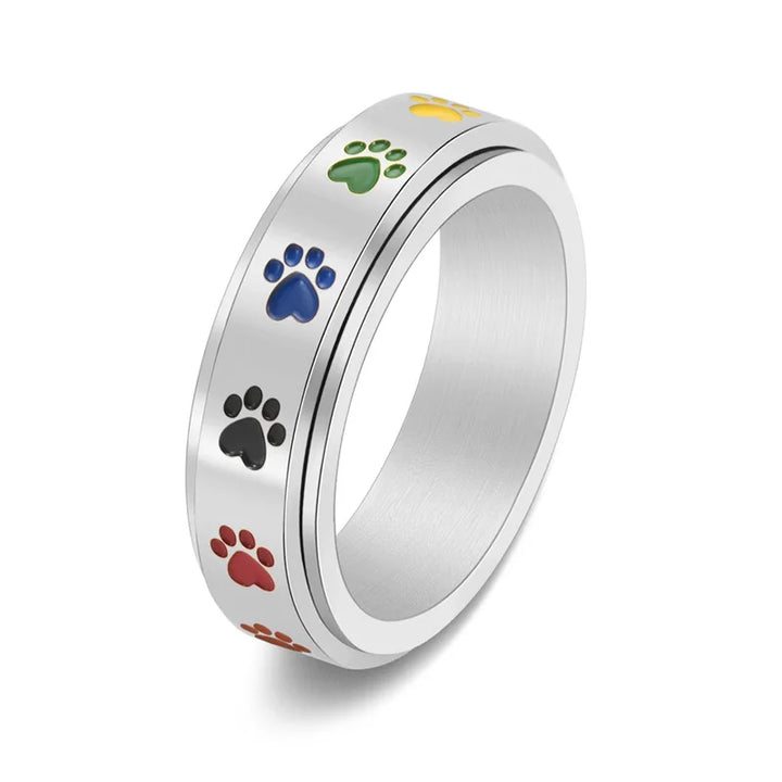Rotatable Anti-Stress Ring with Paws – Stainless Steel Ring with Rainbow Colors