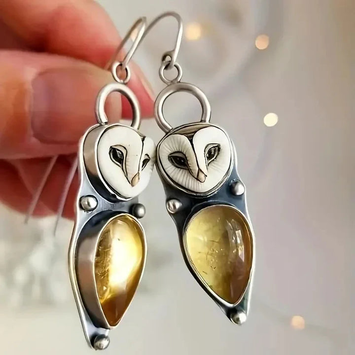 Owl Earrings with Champagne-Colored Drop Stone