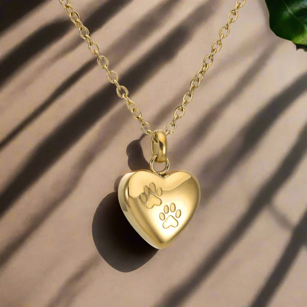 Memorial Necklace with Paw Heart – Stainless Steel Urn Pendant