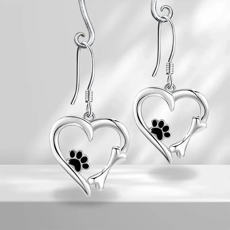 Heart-Shaped Dangle Earrings with Paw Print – Playful Silver Jewelry