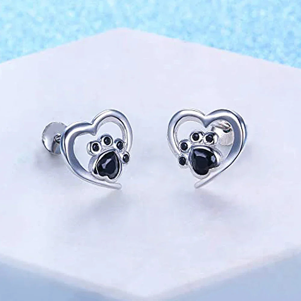 Heart Paw Stud Earrings – Silver-Colored Earrings with Black Crystal