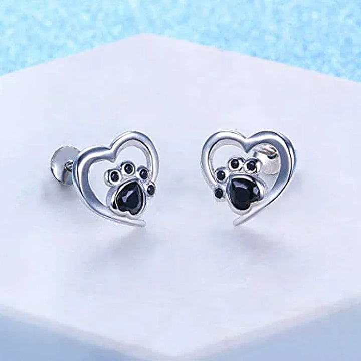 Heart Paw Stud Earrings – Silver-Colored Earrings with Black Crystal