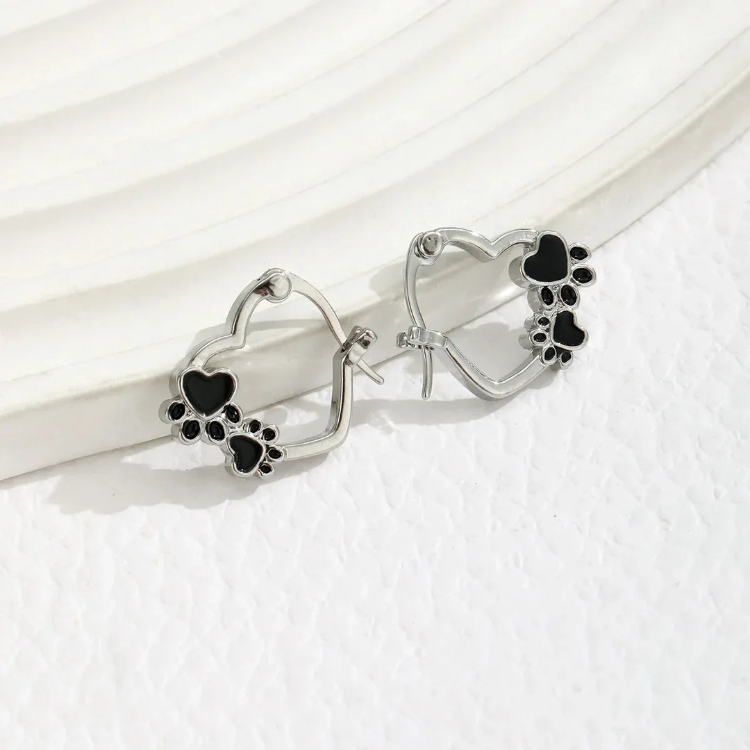 Heart-Paw Hoops – Silver Animal Motif Earrings with Black Enamel Design