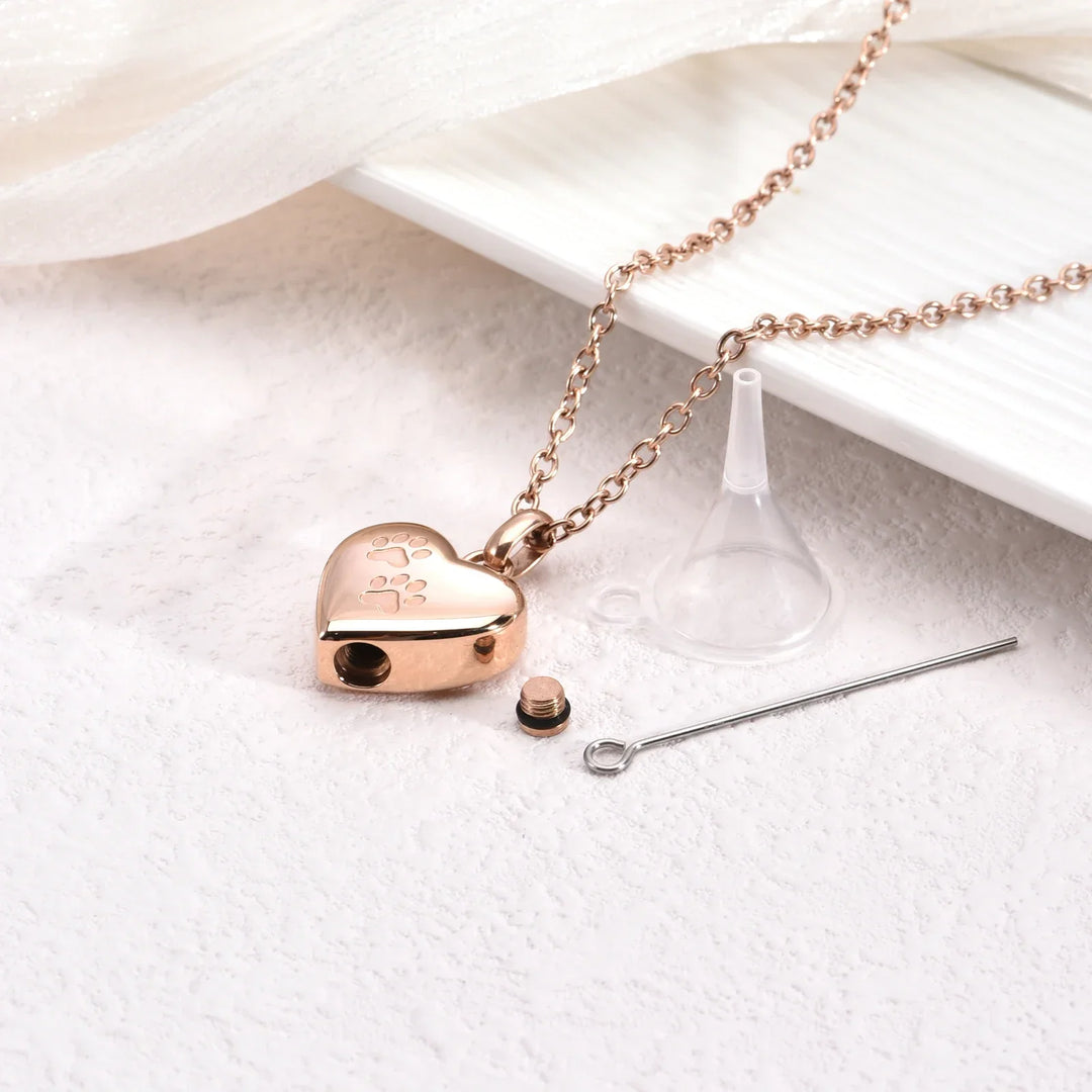Memorial Necklace with Paw Heart – Stainless Steel Urn Pendant